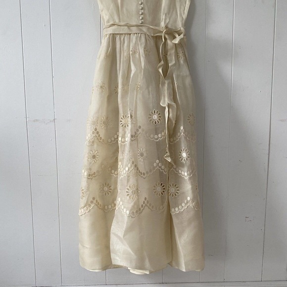 1950s Sheer Eyelet Embroidered Organza Party Dress Rounded Collar Satin Buttons - Picture 2 of 12